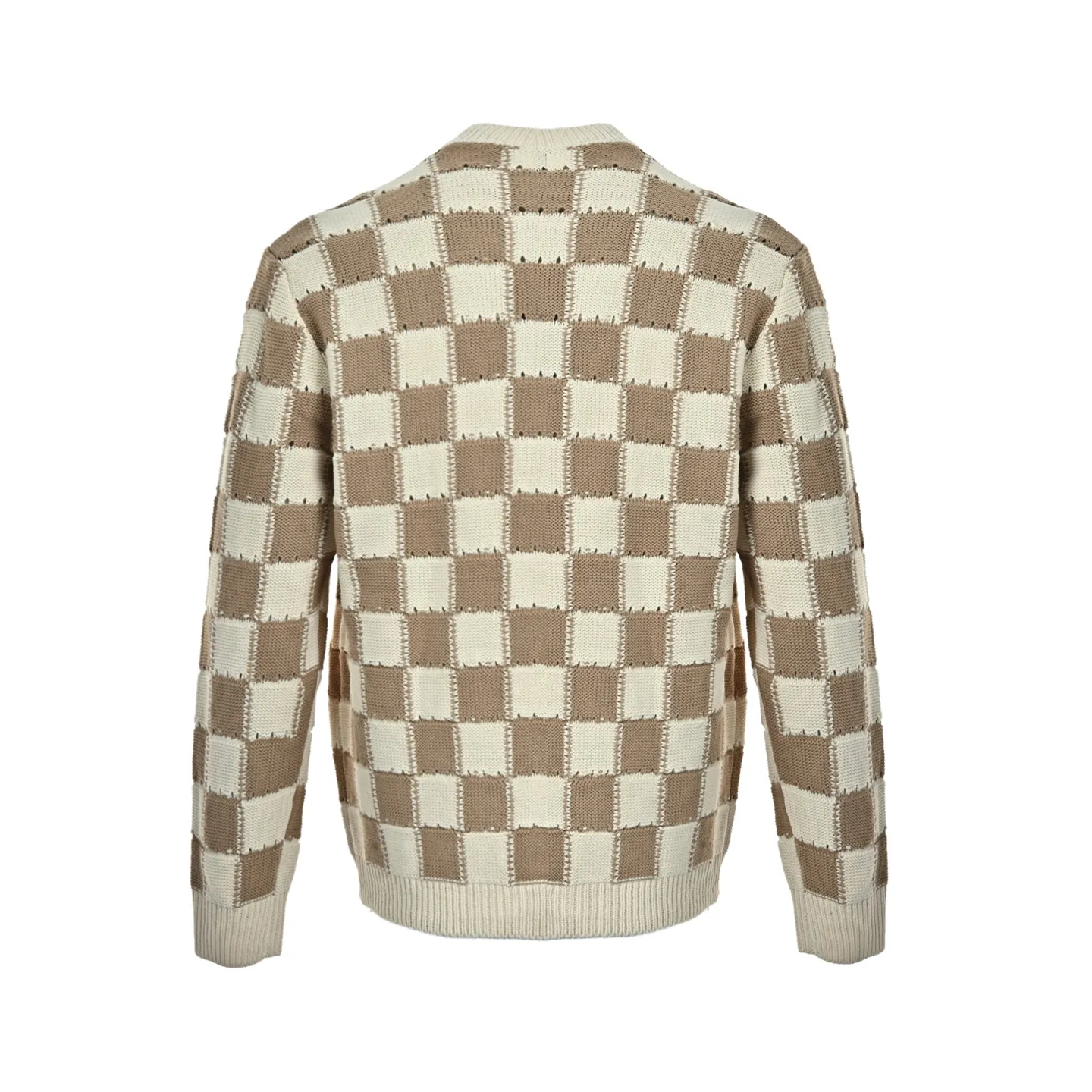 Louis Vuitton/Louis Vuitton Khaki Cream White Checkerboard Hollow Round Neck Knitted Cardigan